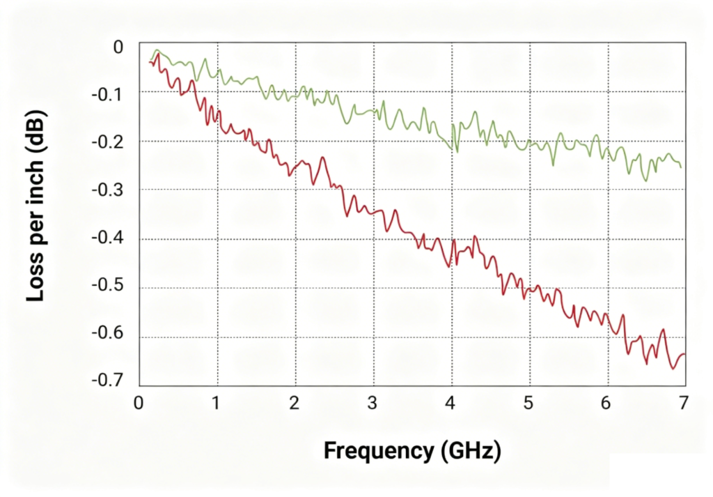 Graph of signal loss in FR-4 and Rogers 4350B.