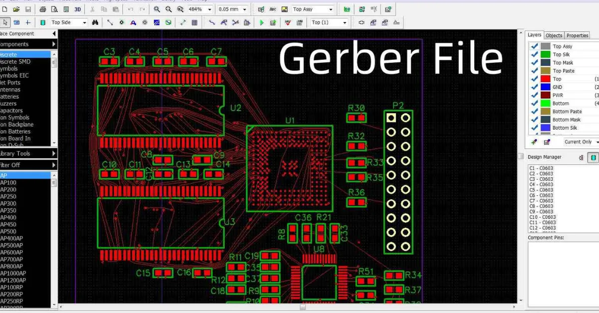 Detailed visualization of PCB Gerber layers including copper, solder mask and silkscreen