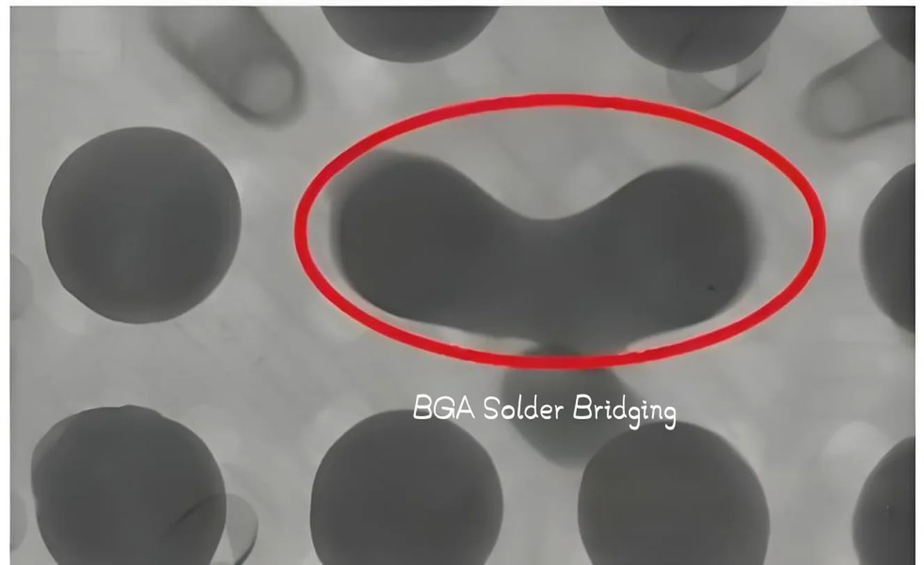 BGA solder bridging schematic, Bridging failure caused by silkscreen error
