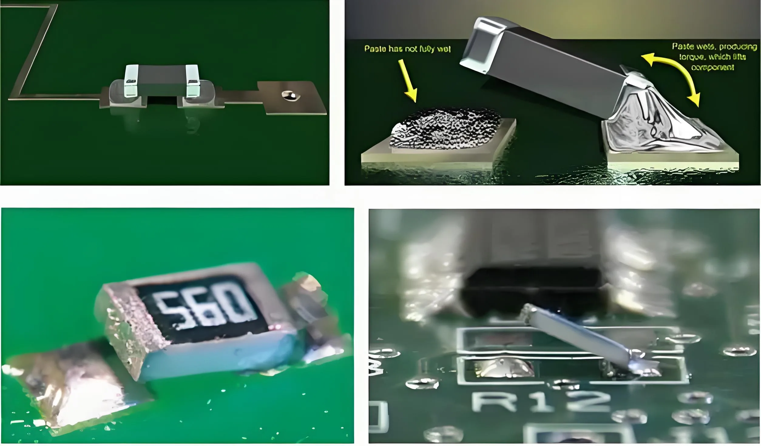 Illustration of Tombstoning Defect in PCBA, Showing Lifted End of Chip Component