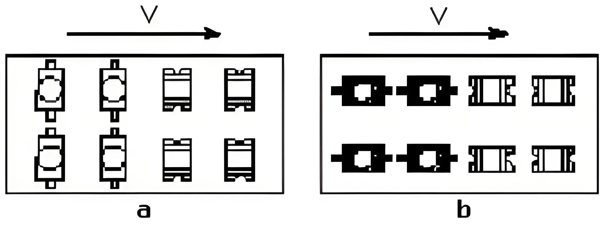SMD Component Orientation Comparison. Figure a: Correct Orientation. Figure b: Incorrect Orientation