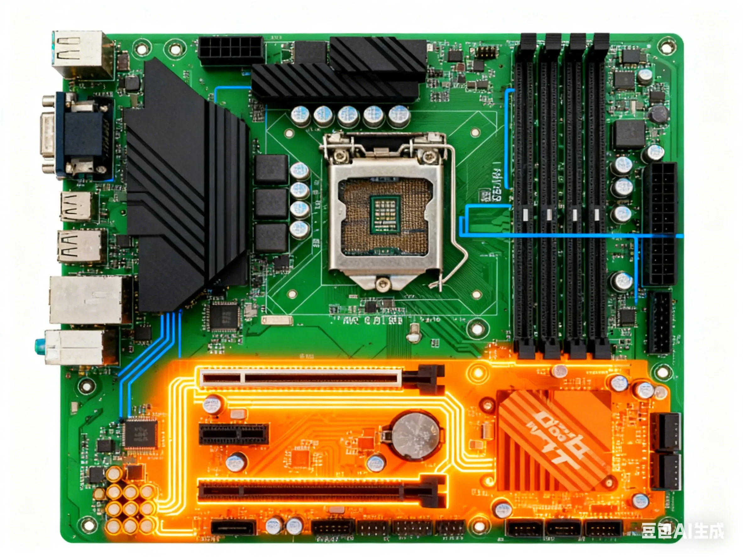 PCB with Marked High-Speed Signal Zones, Power Supply Modules, Analog Isolation Areas, and Thermal Dissipation Pathways