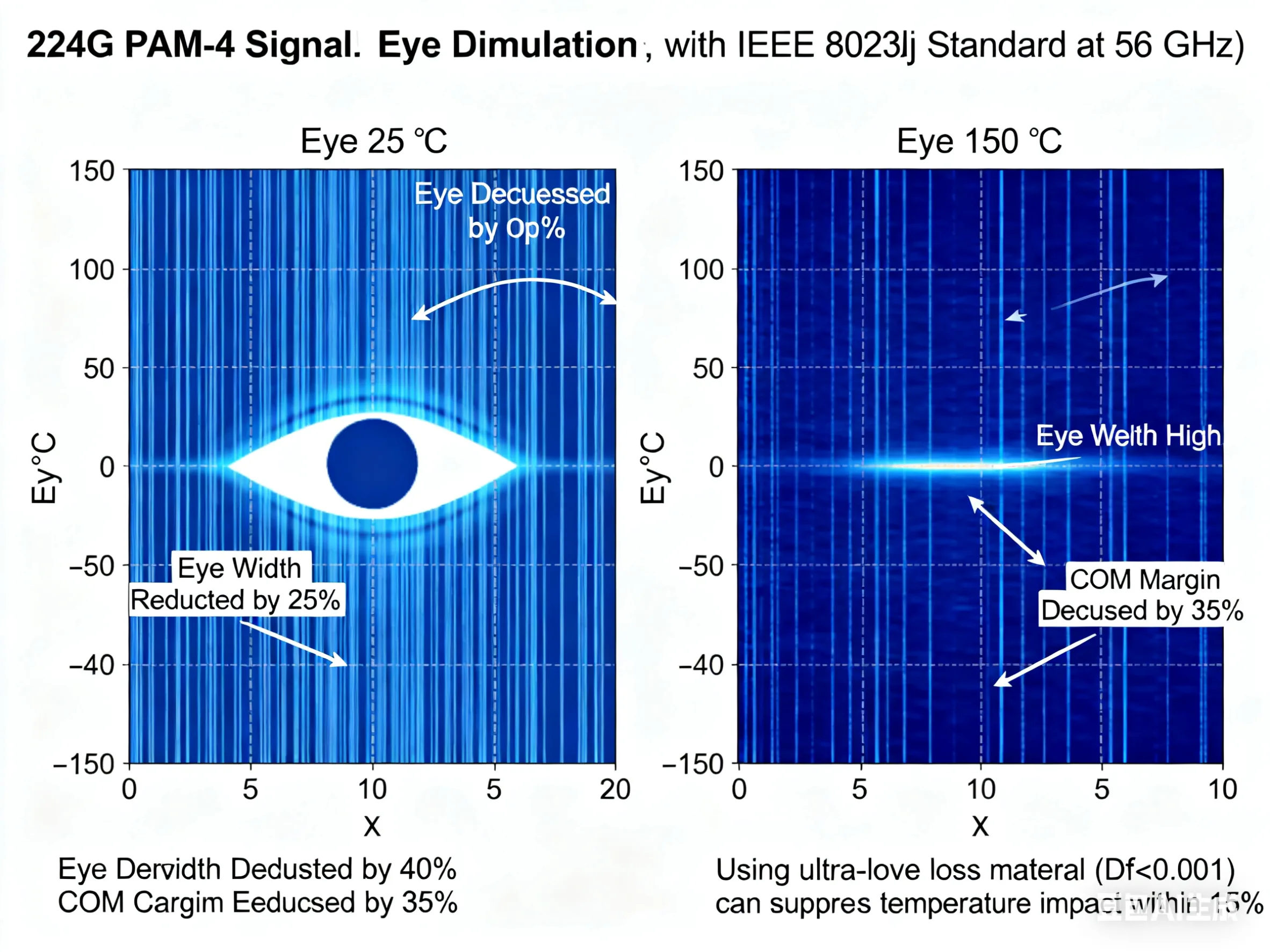 Simulated eye diagram for a 224G PCB at high temperatures, showing eye closure as temperature increases.