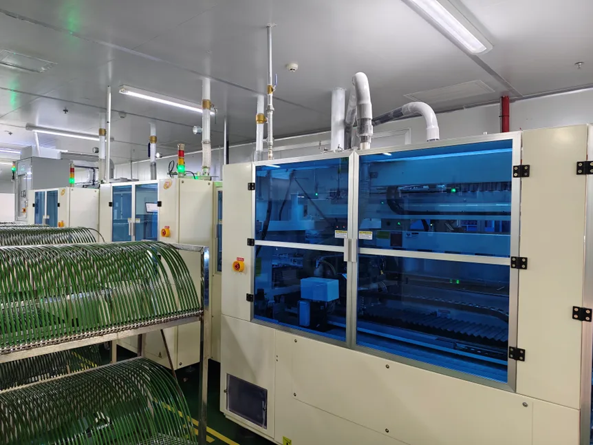 Advanced automatic trimming and grinding line for PCB and PCBA production in a clean factory environment.