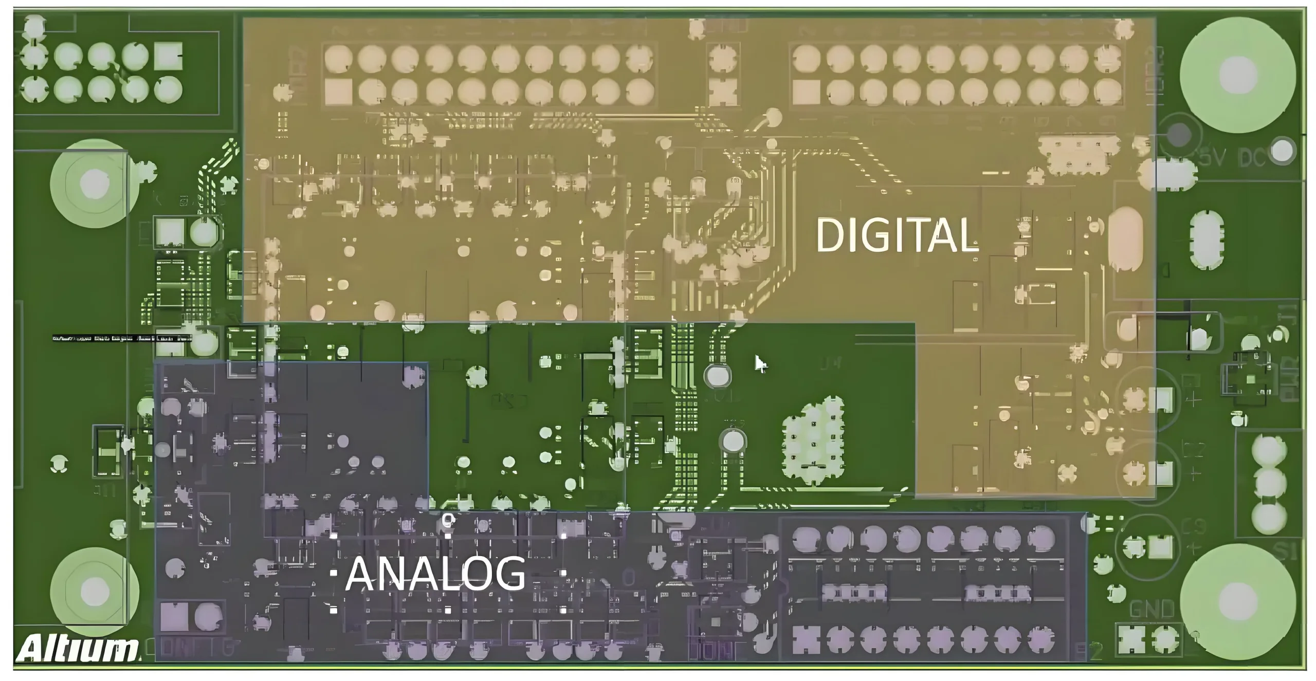 Альт: Конструкция изоляции печатной платы для цифровых и аналоговых схем, отображающая сегментацию заземления и оптимизированную маршрутизацию сигналов для минимизации шума в приложениях на печатных платах..