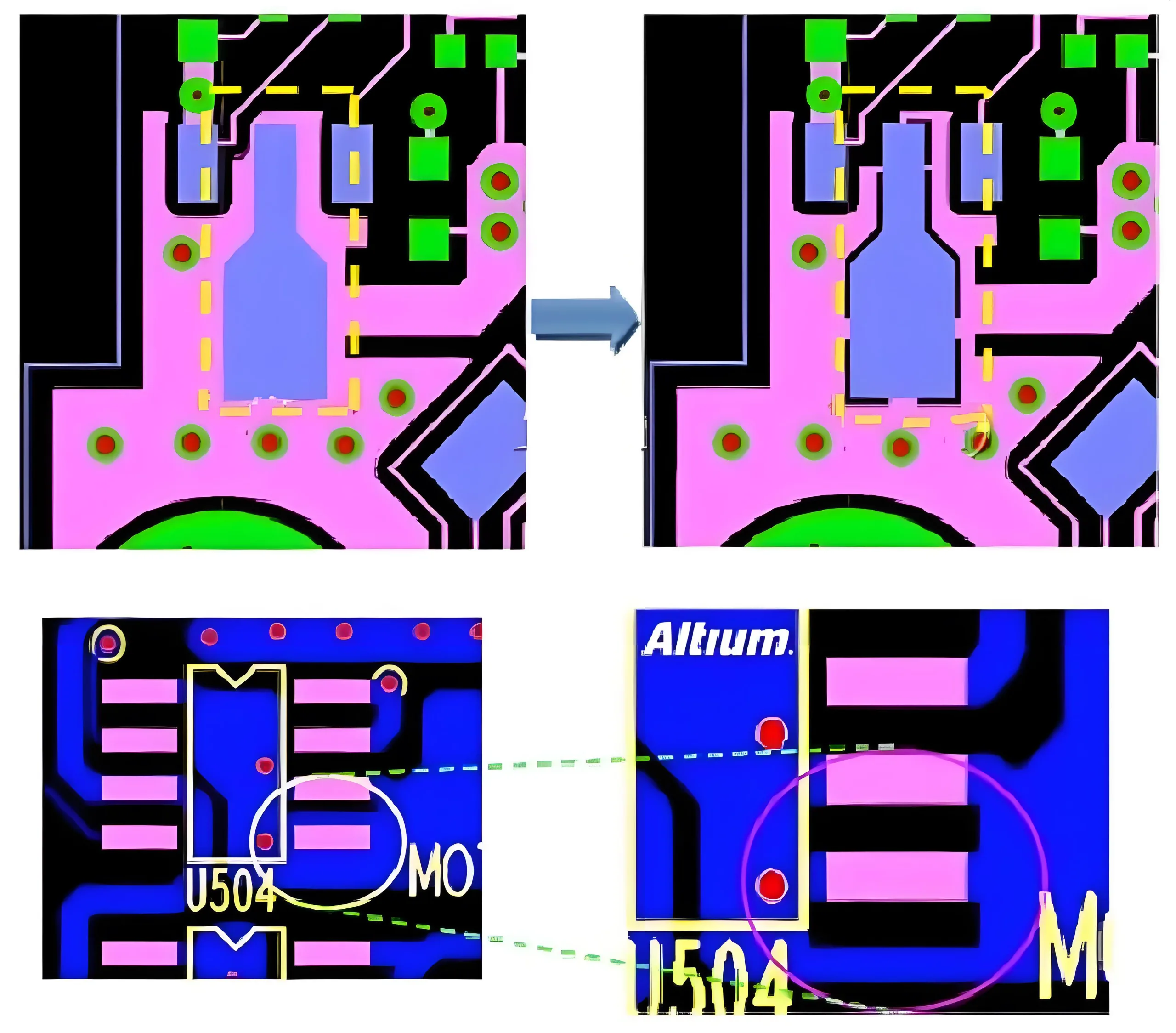Пример конструкции термозащитной площадки печатной платы, показывающий метод соединения спиц для повышения качества пайки при производстве печатных плат и сборке печатных плат.
