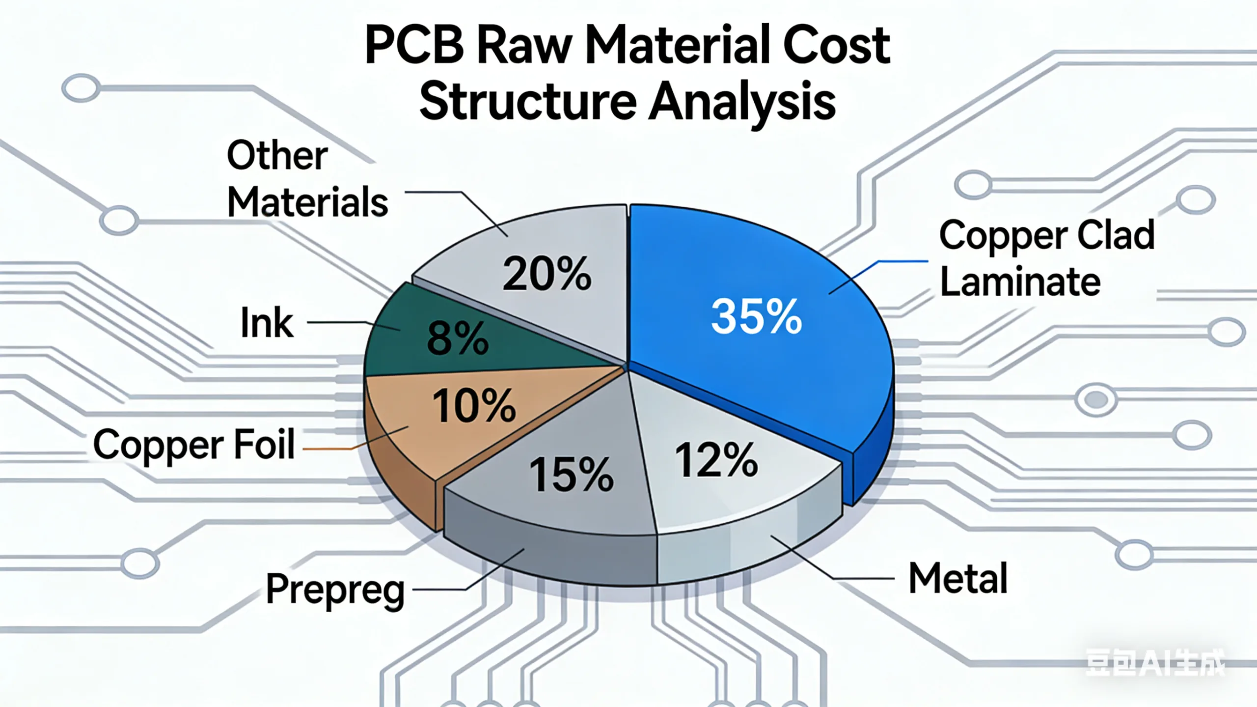 Analysis chart showing cost proportion of key PCB manufacturing materials like Copper-Clad Laminate, Precious Metals, Préimprégné, essential for PCB cost research.