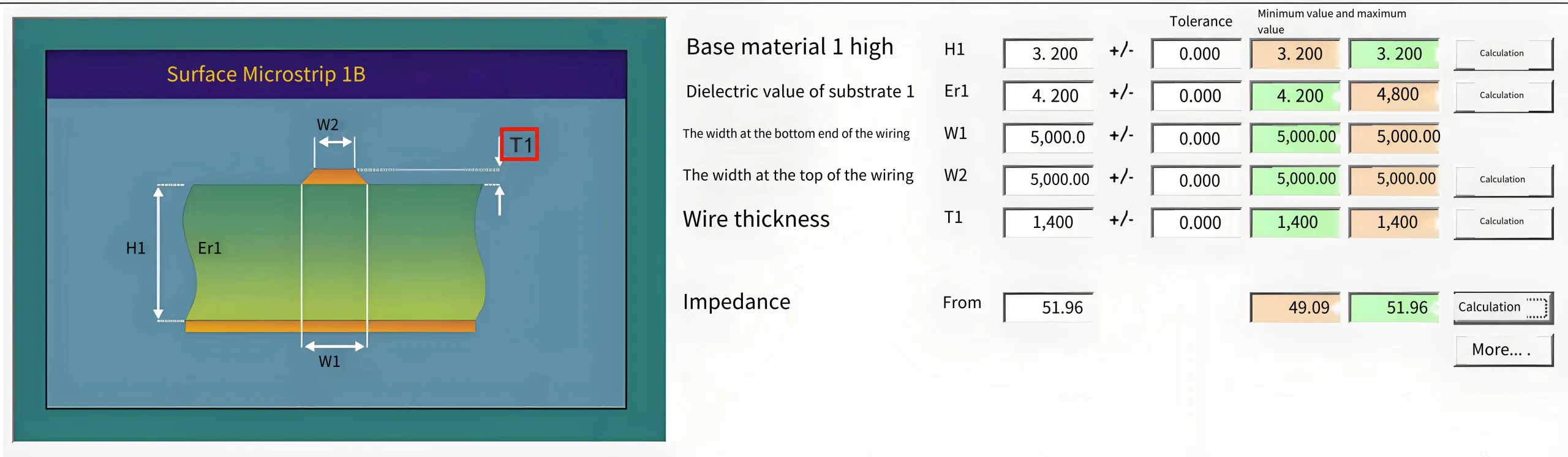 Screenshot of PCB Impedance Control Calculation Interface