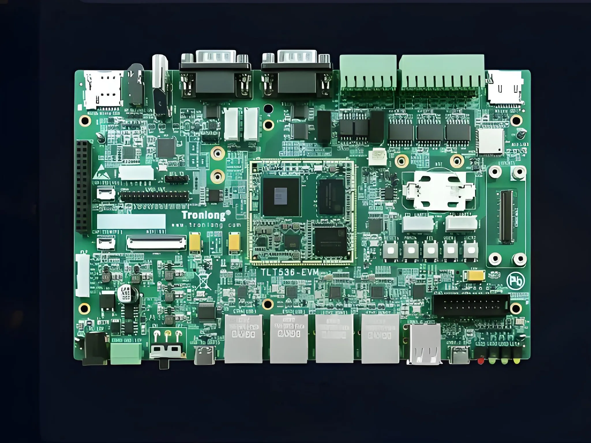 PCB with castellated holes mounted on a substrate.