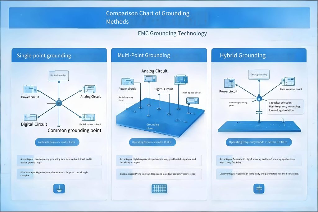 EMC grounding design patterns comparison diagram single-point multi-point hybrid