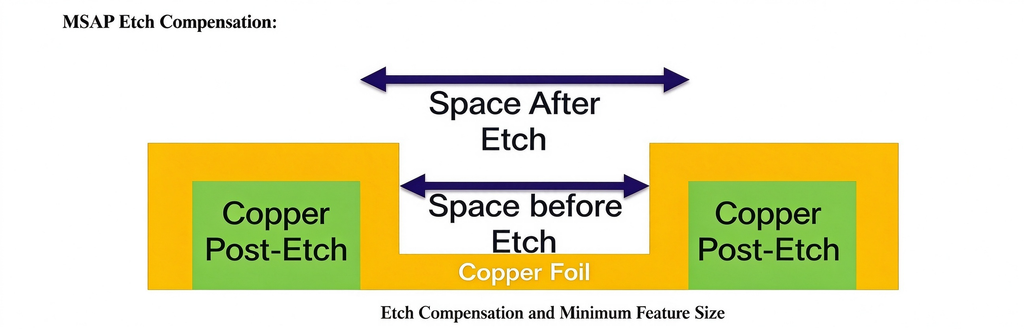 PCB etch compensation diagram showing copper foil space before and after etch, with post-etch copper regions and dimensional control for high-frequency circuit manufacturing